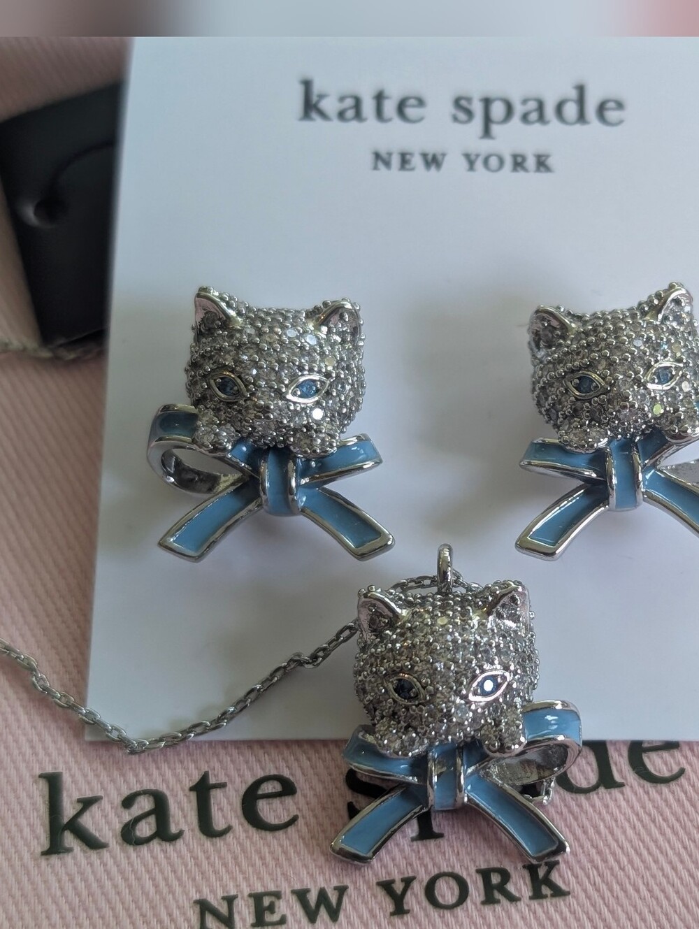 NWT NEW kate spade Pretty Kitty Pavé mini pendant necklace & Studs Earrings